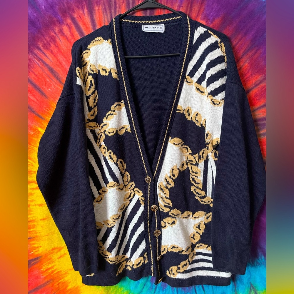 Vintage Navy White and Gold Cardigan Sweater Large